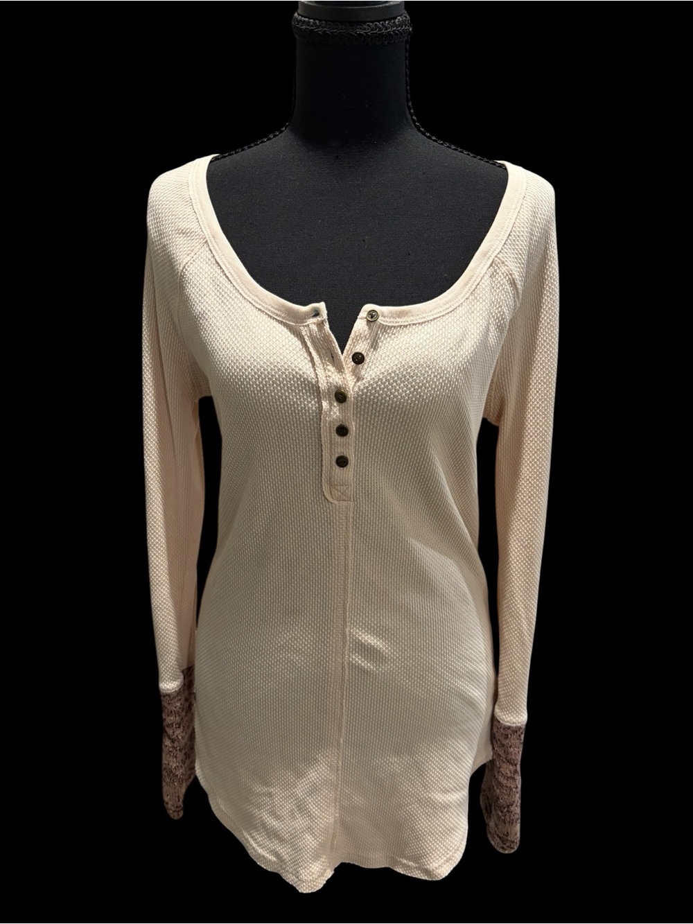Free People Newbie Cream Waffle Henley with Lace Cuffs